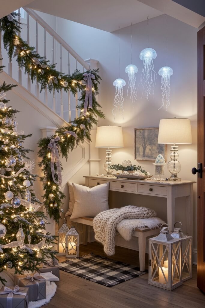 Cozy Christmas Décor for a christmas entryway 15 A glowing christmas entryway styled with silver garland, a snowy tree, lanterns, plush throws, and a console topped with sparkling accents beneath whimsical jellyfish-shaped lights.