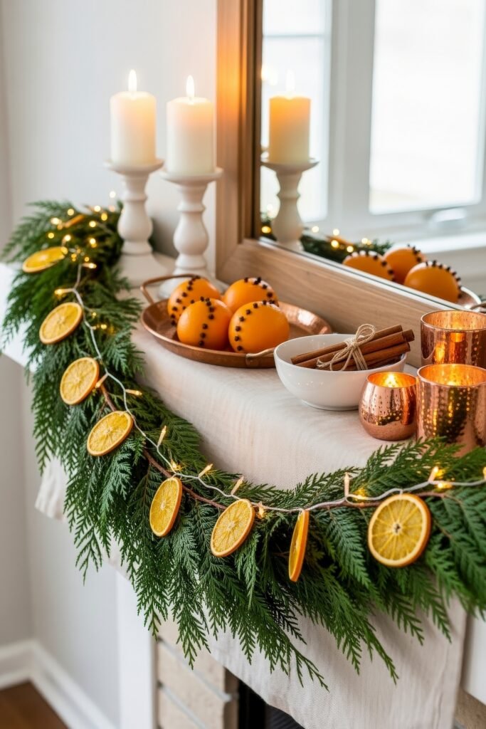 Holiday mantle with evergreen garland strung with dried orange slices, glowing candles, copper accents, and a tray of clove-studded oranges.