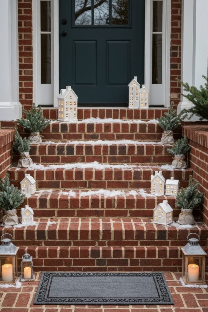 Cozy Entry Magic for christmas porch décor 14 Brick entry steps decorated with snowy mini evergreens in burlap, glowing ceramic house lanterns, and candles in glass lanterns, leading to a dark door.