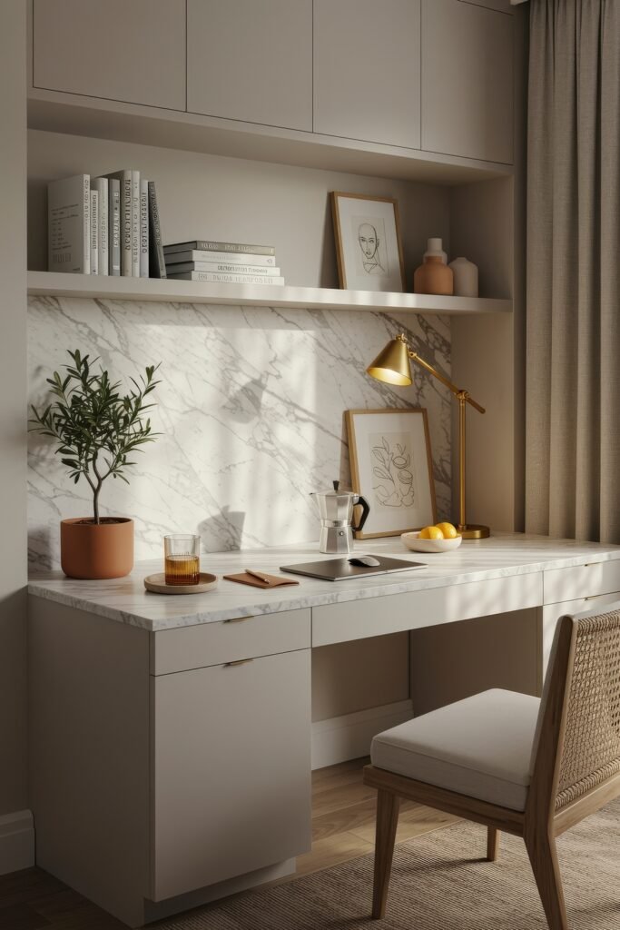Closet Office (Cloffice) Ideas For A Chic, Calm Workspace 14 Sleek desk with marble backsplash, open shelving, and gold lamp styled with books, artwork, and fresh greenery.