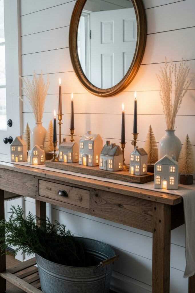 Cozy Ways to Style Farmhouse Christmas Décor 14 Rustic entryway console with black taper candles, pampas grass, and a row of glowing ceramic houses creating a festive village scene.