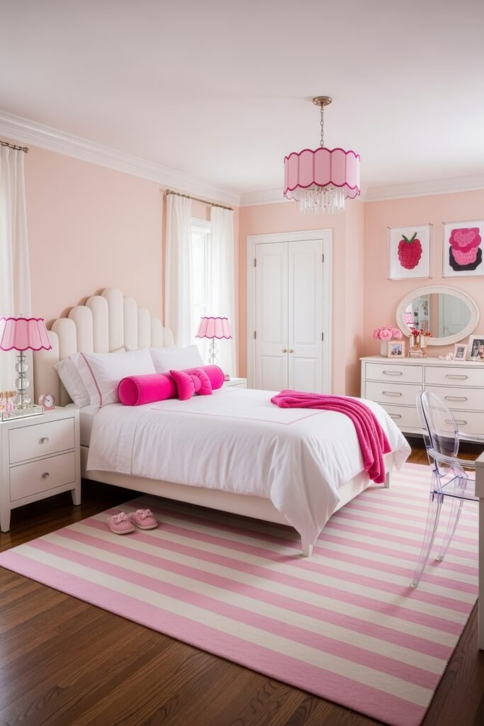 Fresh girls bedroom ideas for a stylish, cozy escape 16 Chic pink bedroom with a white bed, bold fuchsia accents, striped rug, and playful pop art on the wall.