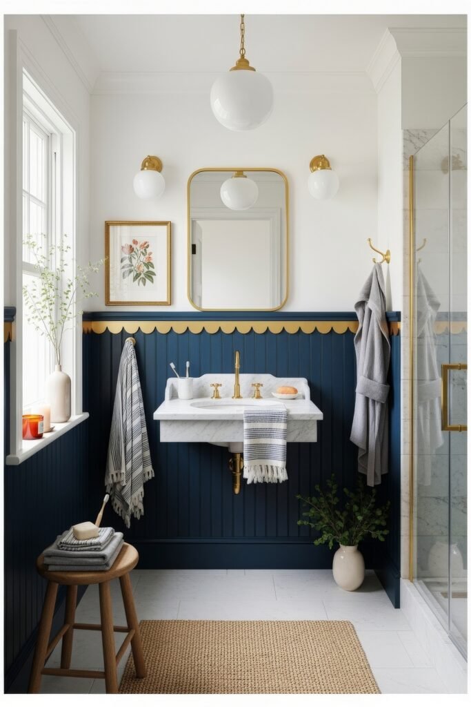 Bathroom Decor Inspo: Fresh Ideas for gold bathroom decor 15 Bright bathroom with navy paneling, marble sink, gold fixtures, round mirror, and fresh greenery for a crisp yet inviting look.