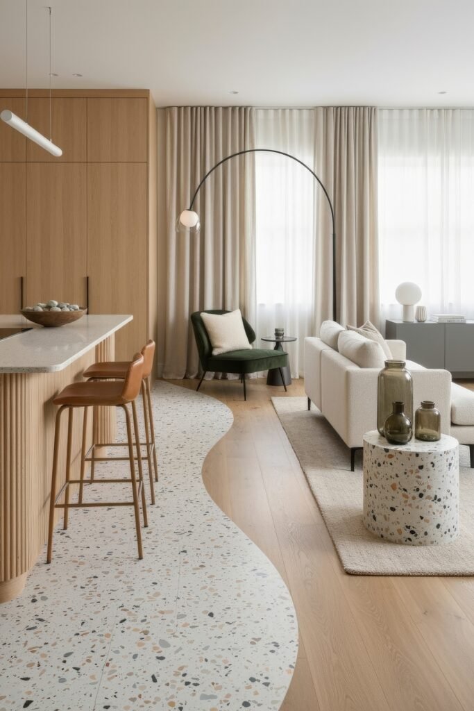 Smart Ways to Style a Kitchen and Living Room Combo 15 Sophisticated open-plan space with a curved terrazzo flooring transition, a fluted wood island, warm leather bar stools, and a cozy living room with sheer curtains and sculptural lighting.