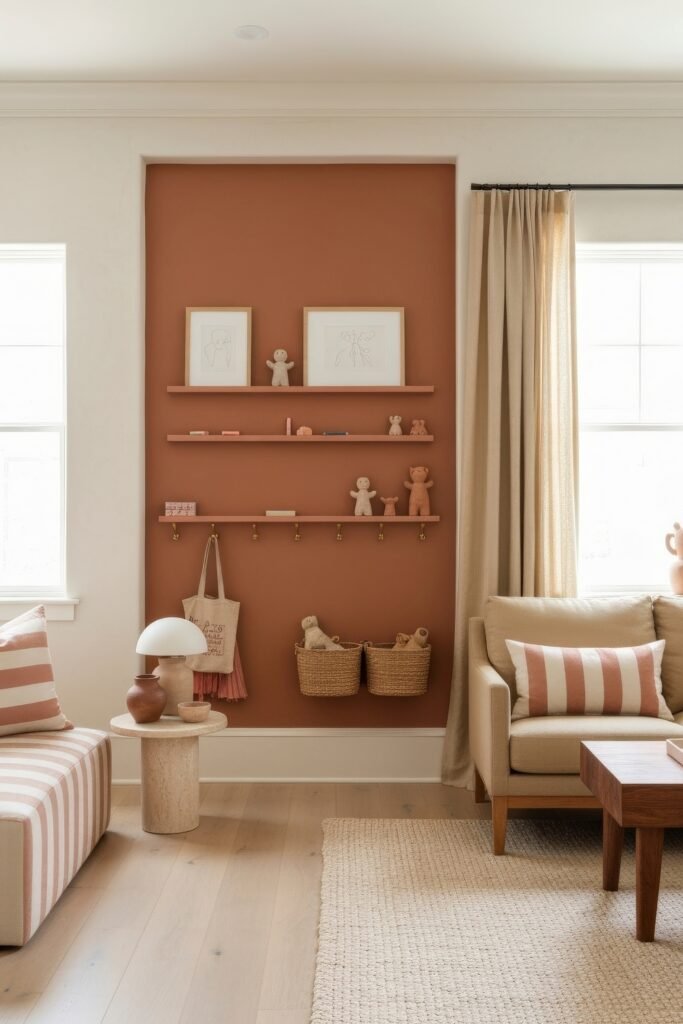 A Living Room Playroom Combo That Works 15 Warm play corner with terracotta accent wall, shelves of soft toys, striped cushions, and cozy neutral seating.