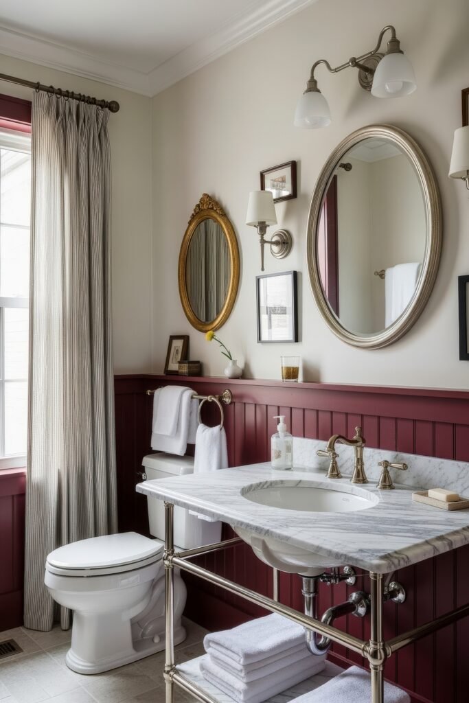 13 Bold Ideas for Red Bathroom Decor That Wow 15 Classic bathroom with marble vanity, red wainscoting, gold mirrors, and vintage-inspired lighting for a timeless red bathroom decor look.