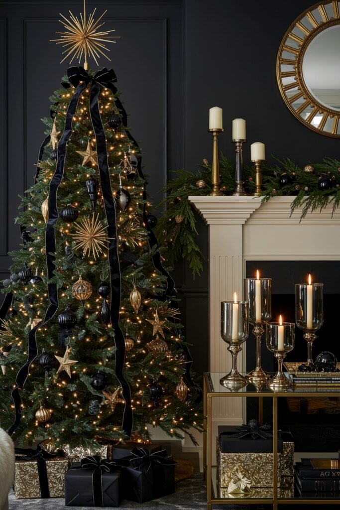 Cozy, Collected Magic With Vintage Christmas Decor Ideas 14 Christmas tree in black and gold theme with starburst ornaments, black ribbon, and metallic accents beside a mantel decorated with candles and greenery for glamorous cozy Christmas décor.
