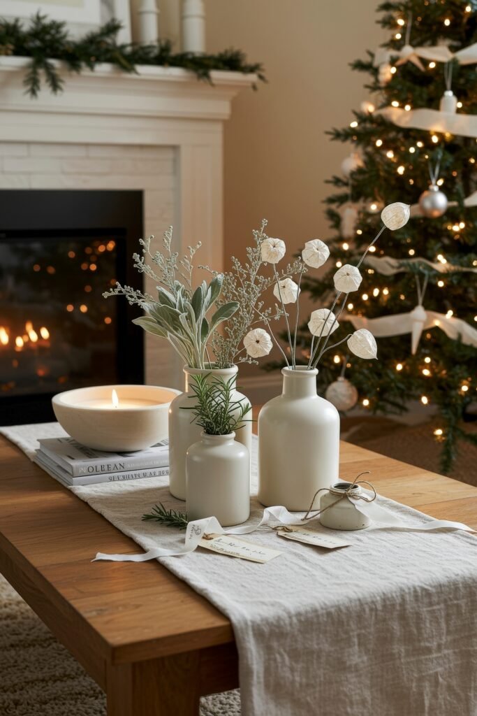 Rustic Christmas vignette with a wooden table styled with white ceramic vases, greenery, and a glowing candle in front of a fireplace and tree with ribbon garland.