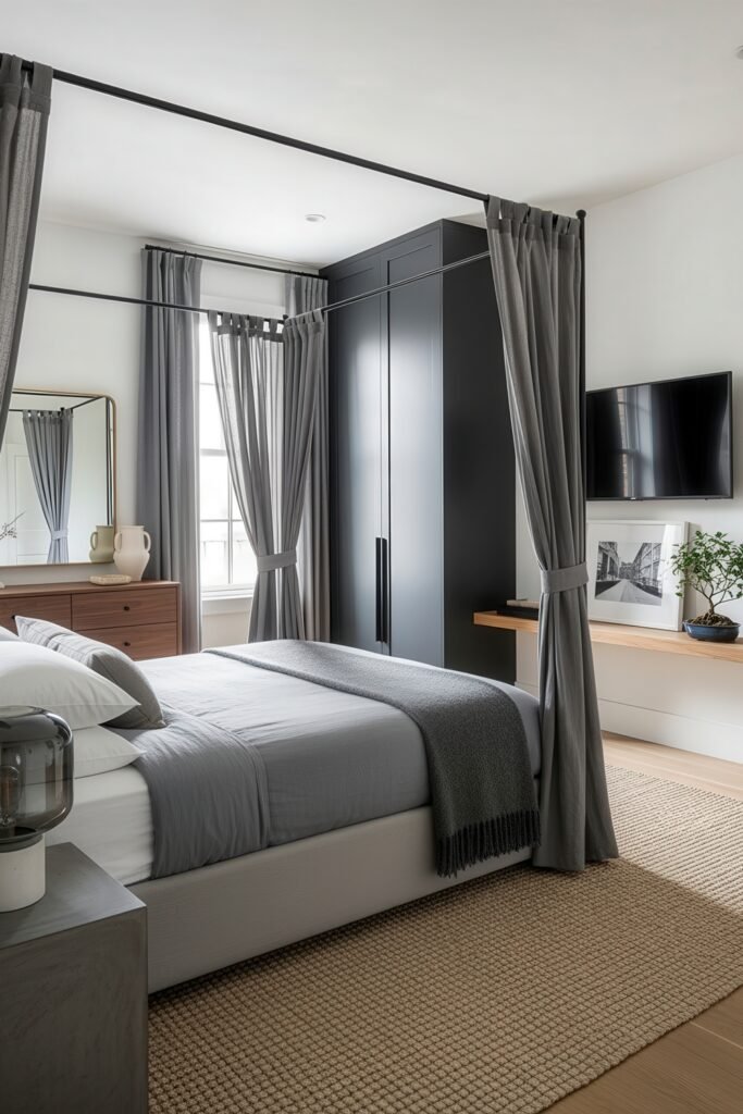 Effortlessly Stylish bedroom ideas for men That Feel Personal 16 Bright bedroom with a canopy bed in soft gray tones, wood dresser, black wardrobe, and neatly styled accents, perfect for clean-lined bedroom ideas.