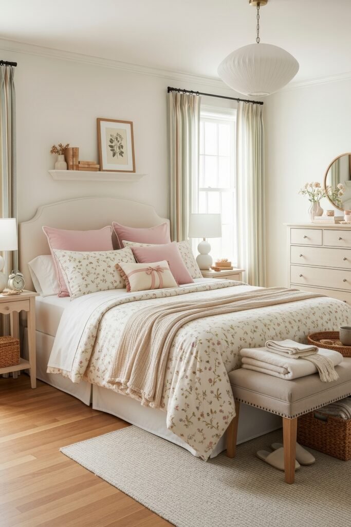 Fresh bedroom with floral bedding, blush pillows, soft white furniture, and delicate décor for a romantic charm.