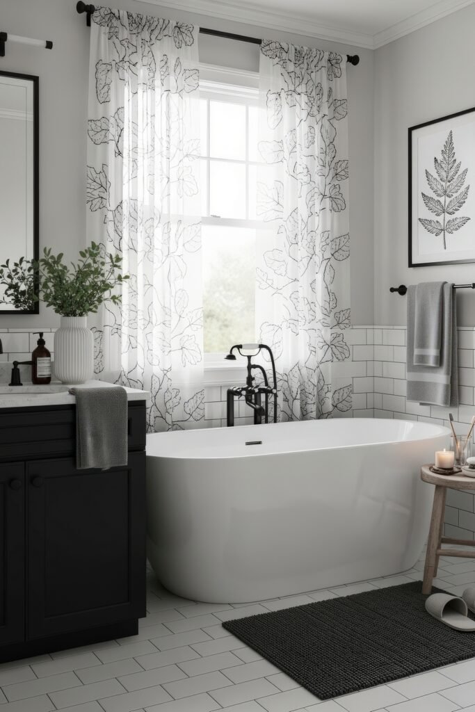 Fresh Ideas for Black and White Bathroom Decor 16 Timeless bathroom design with a white freestanding tub, black vanity, and leafy sheer curtains, accented by candles, greenery, and black fixtures for contrast.