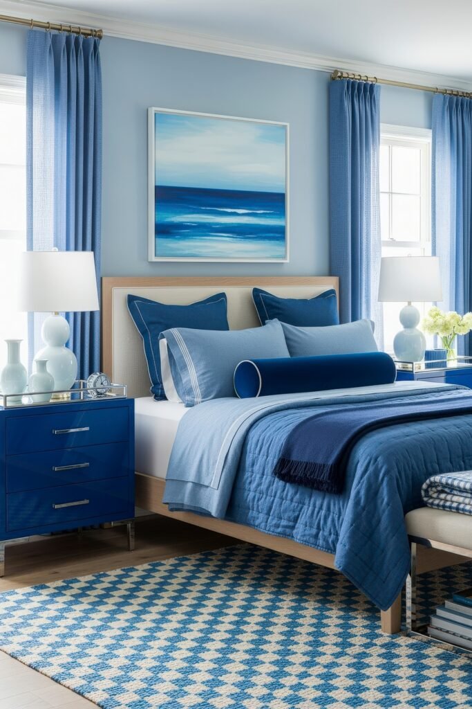 Fresh blue bedroom ideas for a calm, chic retreat 17 Stylish bedroom with blue walls, ocean artwork, layered blue bedding, and a blue houndstooth rug.
