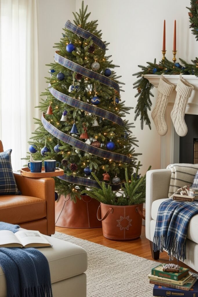 Cozy Holiday Magic With Blue Christmas Décor 16 Warm holiday space with a Christmas tree wrapped in wide plaid ribbon and decorated with blue and copper ornaments, styled beside leather chairs and knit stockings.