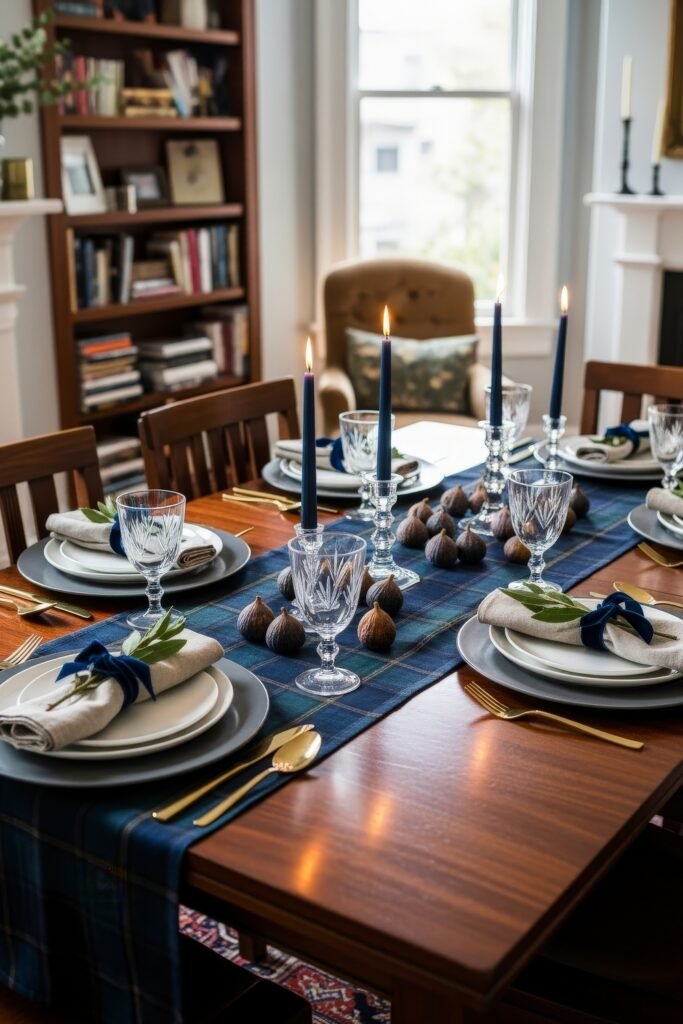 Fresh Ways to Style Blue Thanksgiving Table Décor 14 Warm dining table with a blue plaid runner, figs, crystal goblets, and tall blue candles.