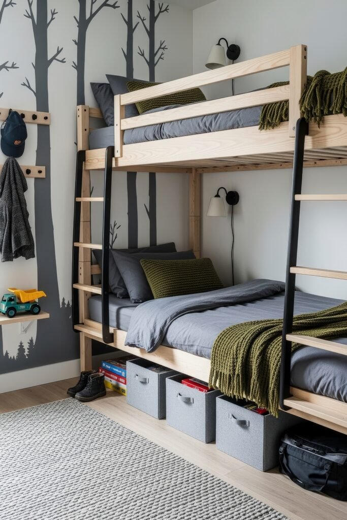 Breezy, Stylish Boys Bedroom Ideas for Modern Families 16 Forest-themed boys room with a light wood bunk bed, tree mural walls, gray bedding accented with green knits, and accessible under-bed storage bins for a clean and cozy atmosphere.