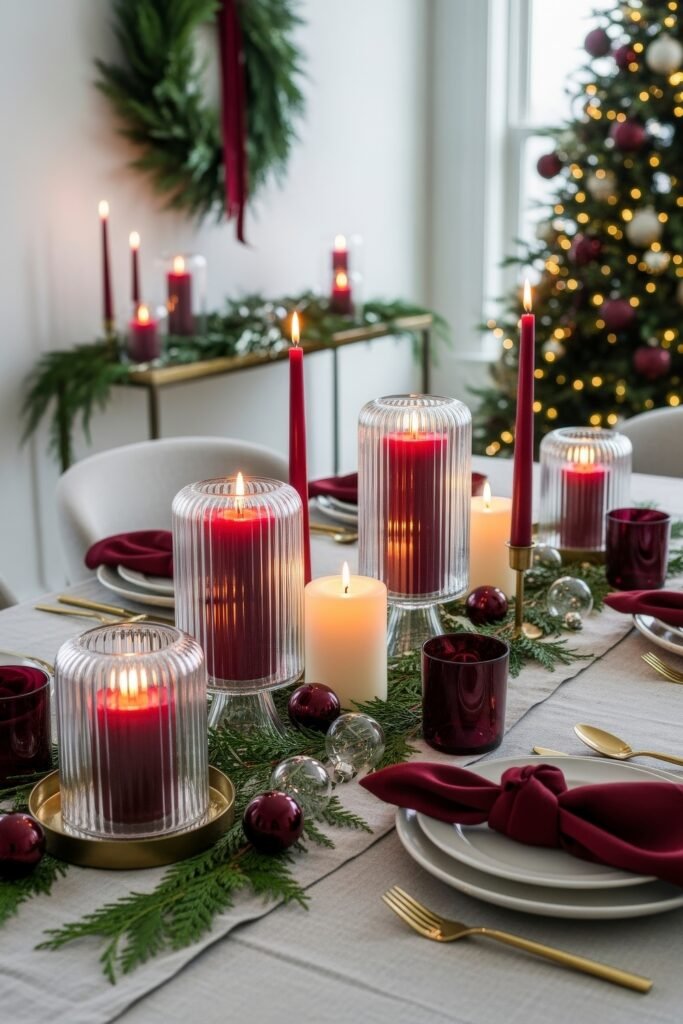 Cozy-Luxe Ideas for Burgundy Christmas Decor 15 Dining table centerpiece of burgundy candles, greenery, and ornaments, with a decorated Christmas tree in the background.