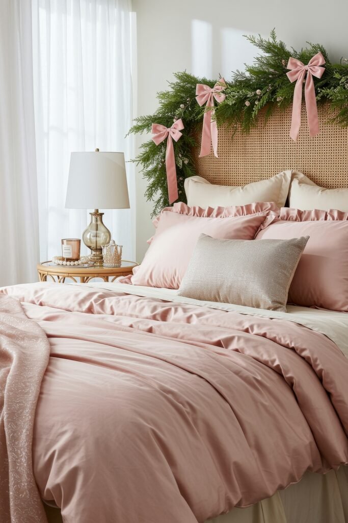 Elevate Your Bedroom with Cozy Christmas Bedding 16 Light-filled bedroom with pink bedding and shimmery accent pillow, headboard adorned with garland and pink bows for festive cozy Christmas décor.