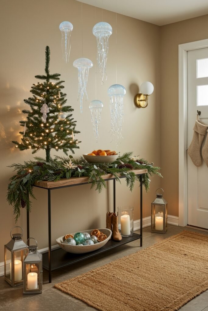 Cozy Christmas Décor for a christmas entryway 16 A festive space with a slim console decorated with greenery, candles, and a small tree, paired with lanterns and hanging jellyfish lights for a unique Cozy Christmas Décor display.