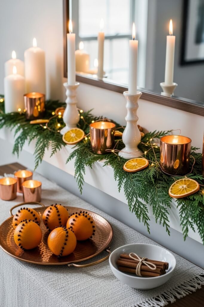 Festive mantle display featuring white candles, copper votives, citrus garland, and a copper tray with clove-studded oranges beside cinnamon sticks.