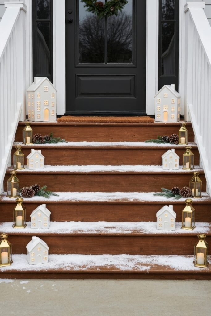Cozy Entry Magic for christmas porch décor 15 Snow-dusted wooden steps lined with glowing ceramic house lanterns, pinecones, greenery, and gold lanterns, leading up to a black door with a wreath.