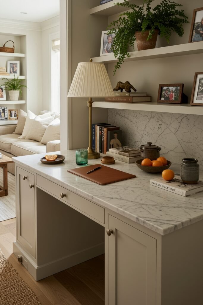 Closet Office (Cloffice) Ideas For A Chic, Calm Workspace 15 Home office with marble countertop, bookshelves, and personal touches like framed photos, plants, and ceramics.
