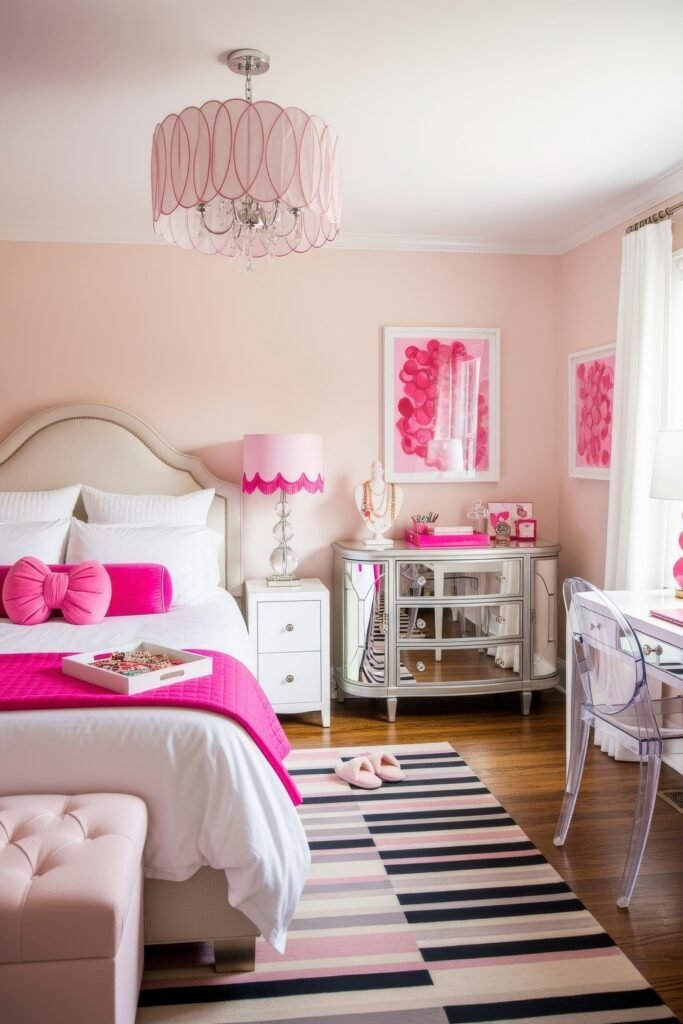 Fresh girls bedroom ideas for a stylish, cozy escape 17 Stylish blush bedroom with a mirrored dresser, bold pink artwork, and striped rug with shades of black, blush, and cream.