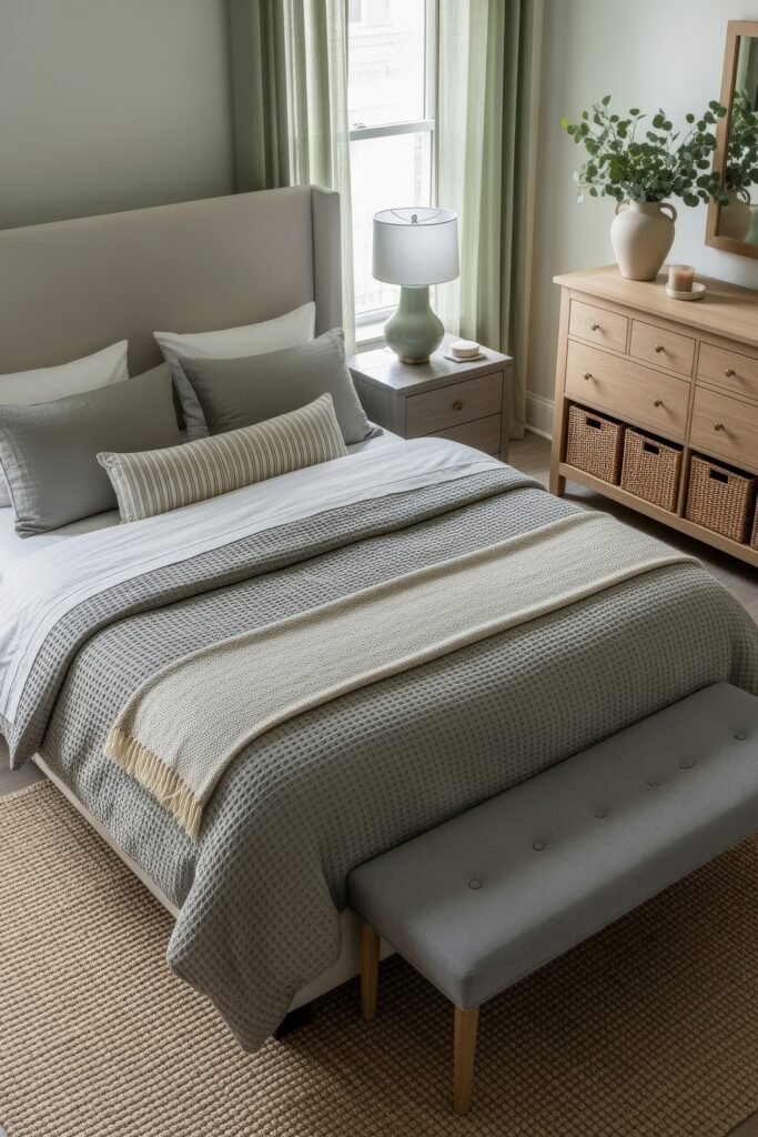 Grey bedroom ideas for a calm, stylish retreat 16 Inviting bedroom in soft greys and greens with a simple upholstered bed, woven rug, wood furniture, and leafy decor.