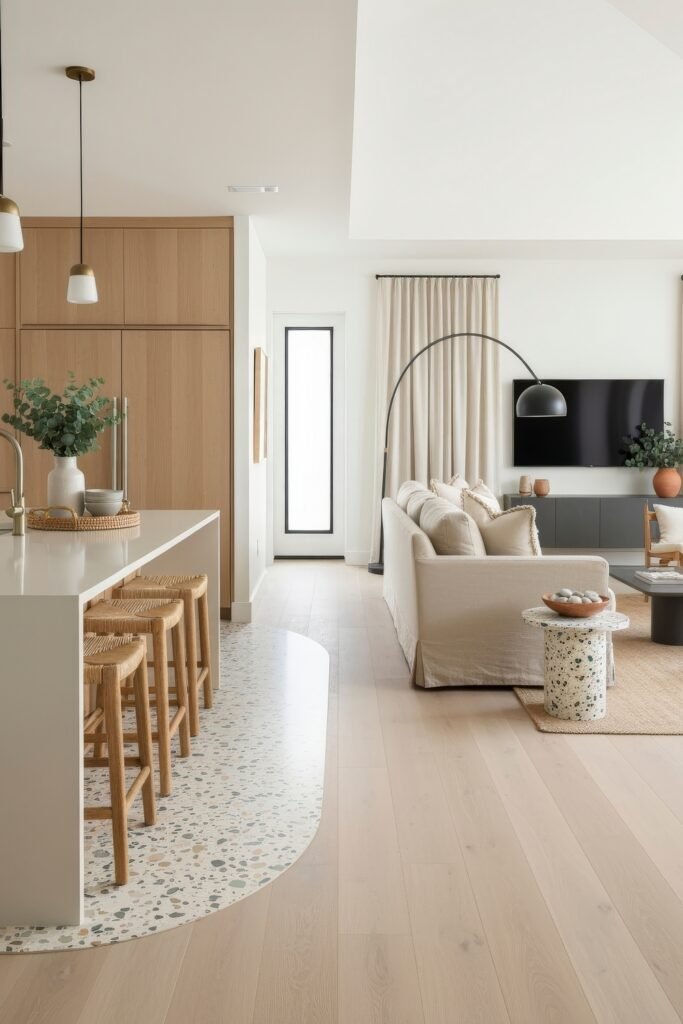 Smart Ways to Style a Kitchen and Living Room Combo 16 Bright and airy kitchen and living room combo with a soft color palette, terrazzo floor accents, woven stools, and a neutral sofa beneath an arched floor lamp facing a mounted TV.