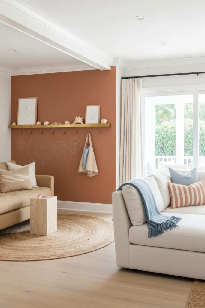 A Living Room Playroom Combo That Works 16 Airy living room with terracotta wall, chalk doodles, striped pillows, and layered seating creating a playful yet relaxed vibe.