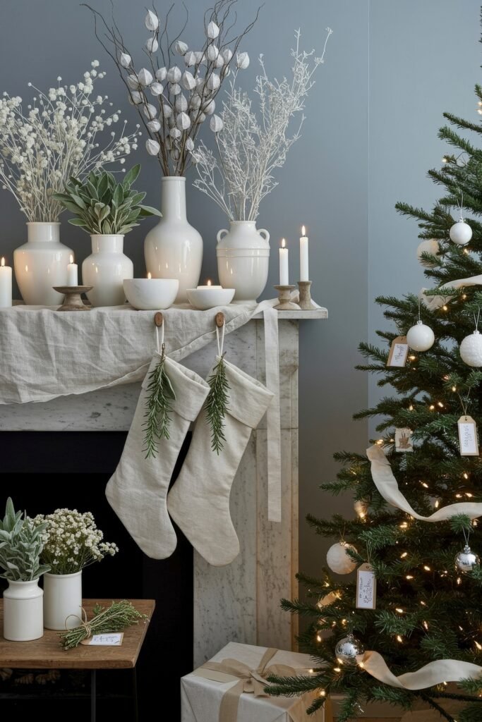 Festive mantel decorated with white ceramic vases, greenery, candles, and linen stockings, alongside a Christmas tree with simple ribbon and white ornaments.