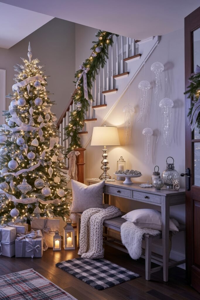 Cozy Christmas Décor for a christmas entryway 17 A bright christmas entryway with a silver-and-white tree, glowing garland on the staircase, and a console styled with metallic ornaments, lanterns, and soft textured throws.