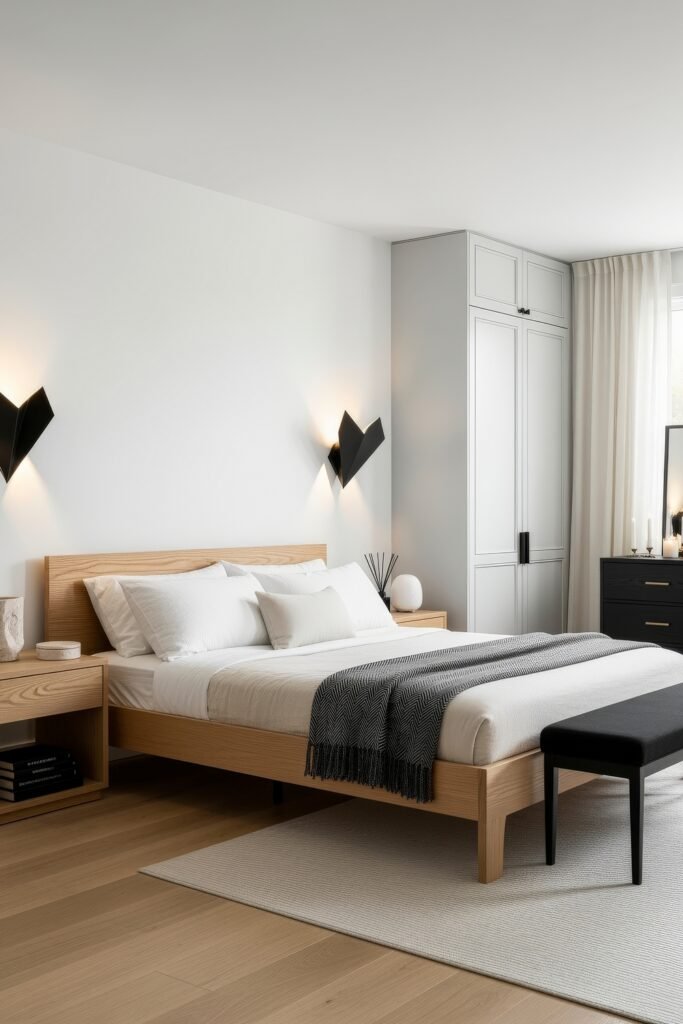 Minimalist black and white bedroom ideas with a wood bed, clean-lined bedding, and striking angular black wall sconces against a white wall.