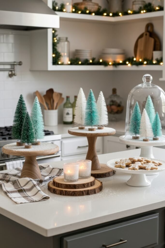 Cozy Ways to Style a Christmas Kitchen That Feels Magical 12 Festive kitchen island display with snowy bottlebrush trees on wooden stands, glowing candles, and sugar-dusted cookies, surrounded by open shelving with twinkling lights.