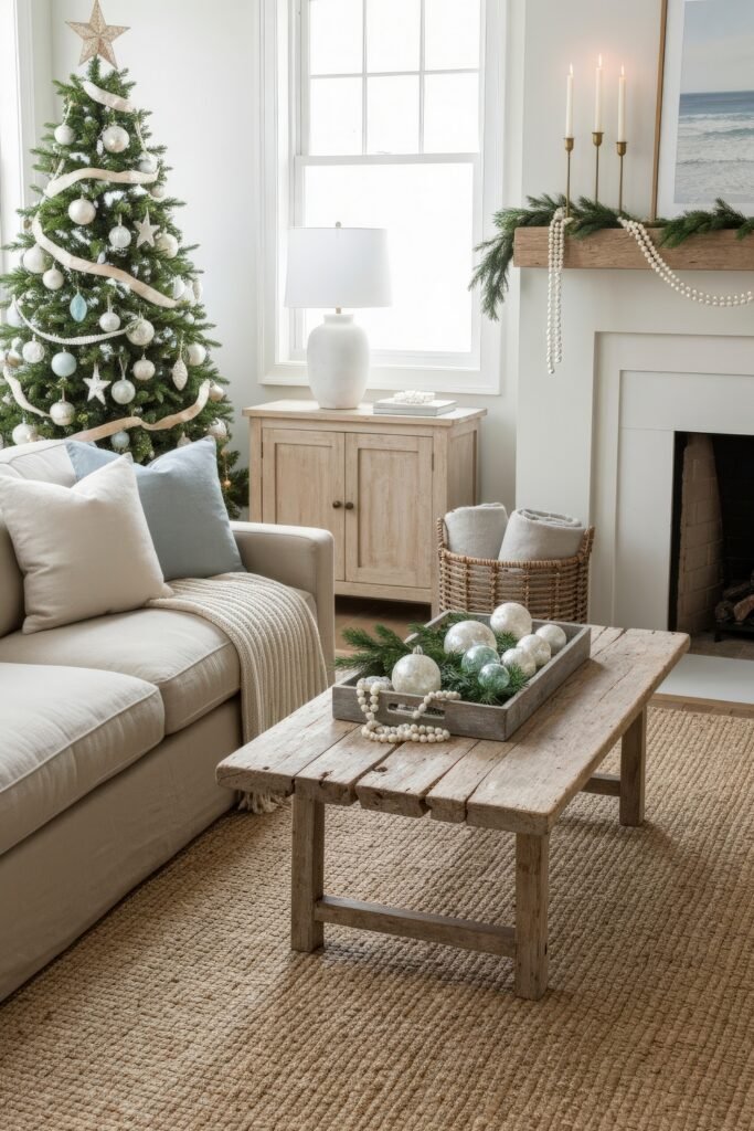 Cozy, Modern Magic for Your christmas living room 16 A rustic christmas living room with a tree decorated in white and silver ornaments, a wooden coffee table topped with ornaments and greenery, and a mantel draped with garland and pearls.