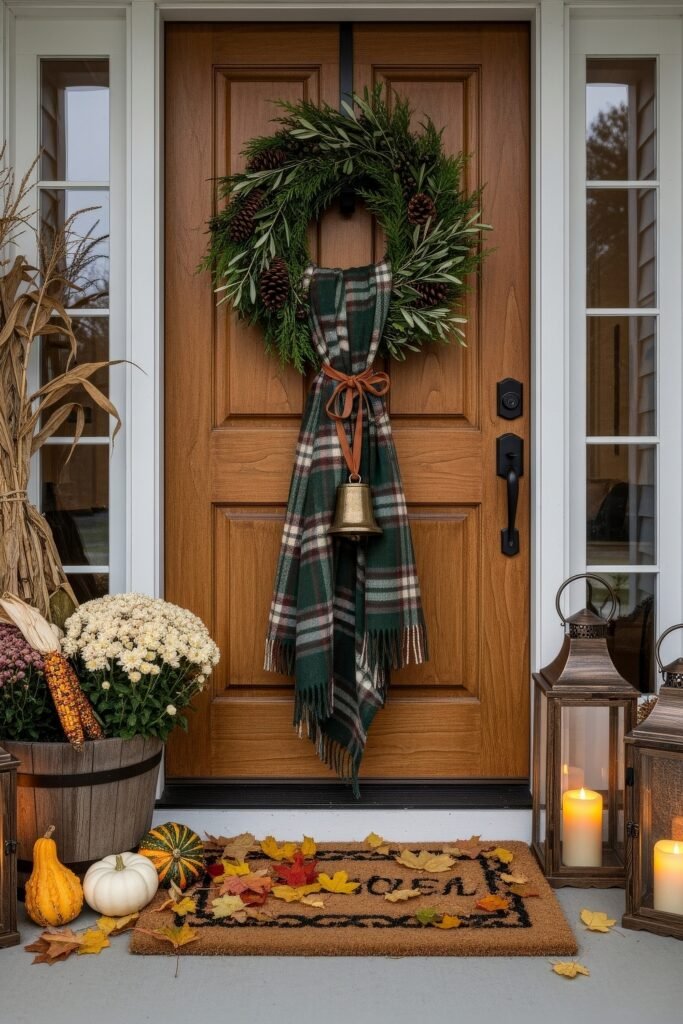 Warm, Modern Thanksgiving Door Decorations to Welcome Fall 11 Wooden front door with a greenery and pinecone wreath tied with a plaid scarf and bell, surrounded by mums, pumpkins, gourds, and lanterns with candles for cozy Thanksgiving Décor.