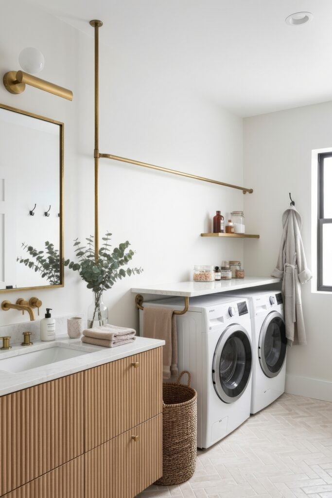 Stylish Small Spaces: Bathroom Laundry Combo 16 Minimalist bathroom laundry combo with brass accents, white vanity, and side-by-side washer and dryer under a counter with open shelving.