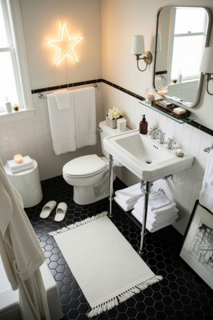 Fresh Ideas for Black and White Bathroom Decor 17 Retro-modern bathroom with a star-shaped neon light, pedestal sink, white towels, and black hexagonal floor tiles, combining playful and classic black and white elements.