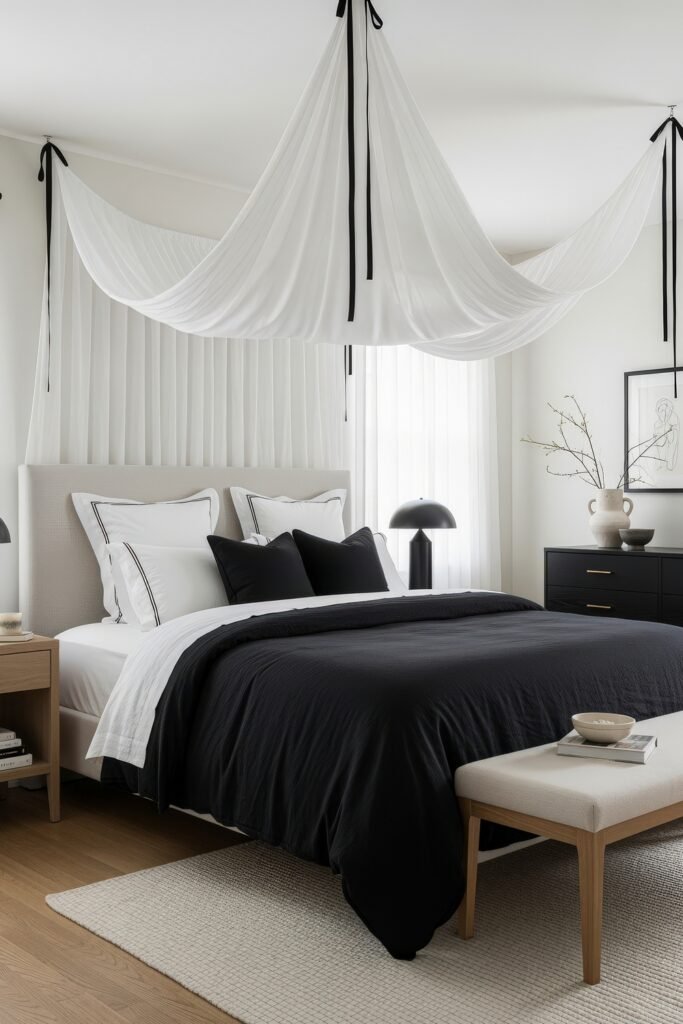 Cozy bedroom with a white upholstered bed, black bedding, canopy-style sheer drapes, and black accent furniture for a dramatic monochrome look.