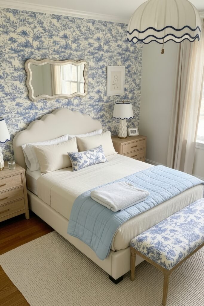 Fresh blue bedroom ideas for a calm, chic retreat 18 Classic bedroom with toile wallpaper, cream upholstered bed, light blue quilt, and matching patterned bench.