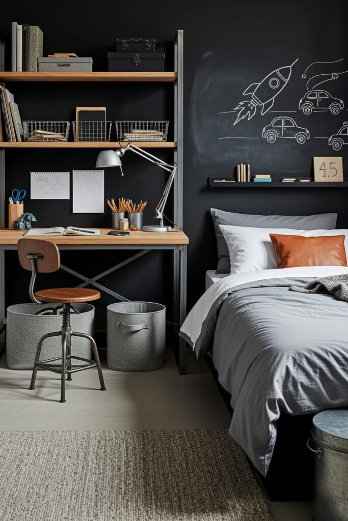 Breezy, Stylish Boys Bedroom Ideas for Modern Families 17 Industrial-style boys bedroom with a black chalkboard wall, wooden shelving, metal-frame desk, and gray bedding with a leather accent pillow, featuring playful chalk rocket and car drawings.