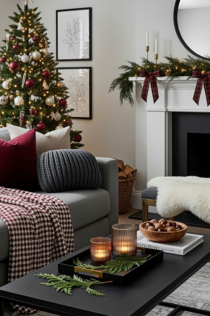 Cozy-Luxe Ideas for Burgundy Christmas Decor 16 Cozy living room featuring a Christmas tree with red and silver ornaments, plaid garland on the mantel, and warm candle accents.