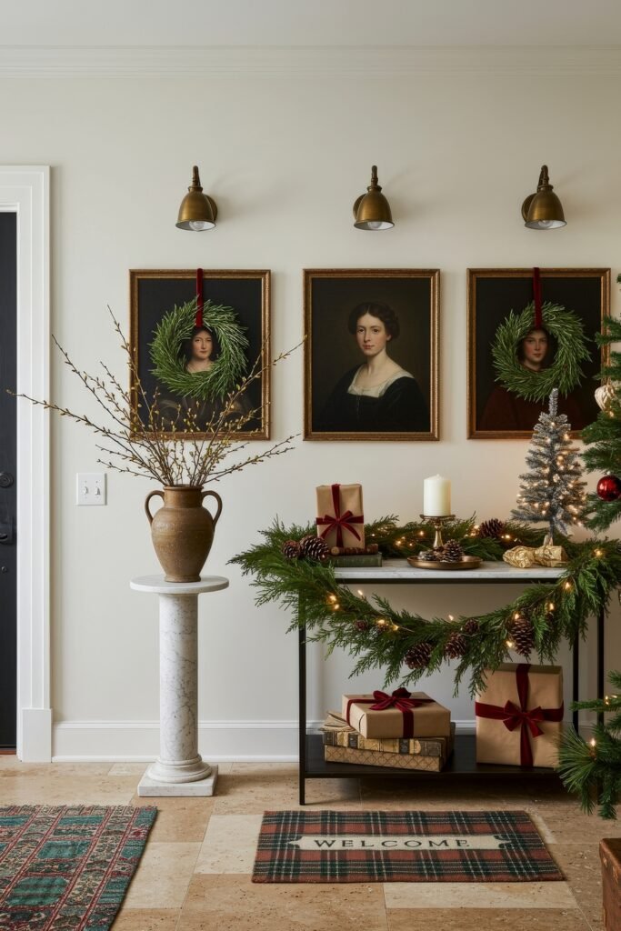 Cozy Christmas Décor for a christmas entryway 18 A holiday hallway with traditional portraits hung above a console, decorated with greenery garland, pinecones, and wrapped gifts, blending classic art with Cozy Christmas Décor.