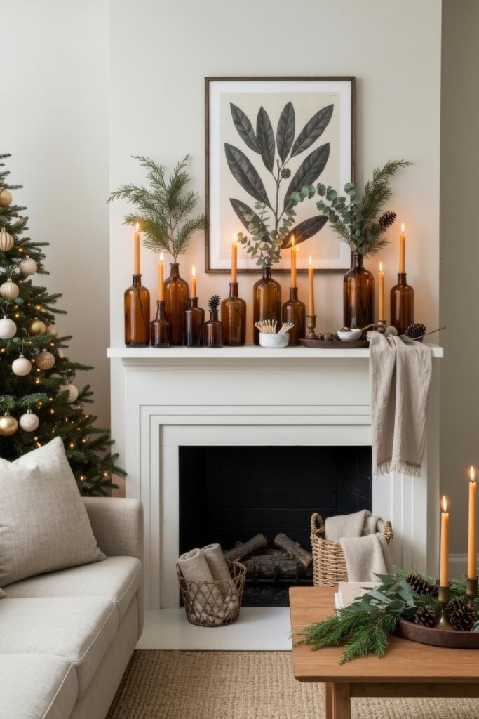 Cozy, Modern Magic for Your christmas living room 17 A cozy living room with a Christmas tree in gold and white, and a white fireplace mantel styled with amber glass bottles, candles, and greenery.