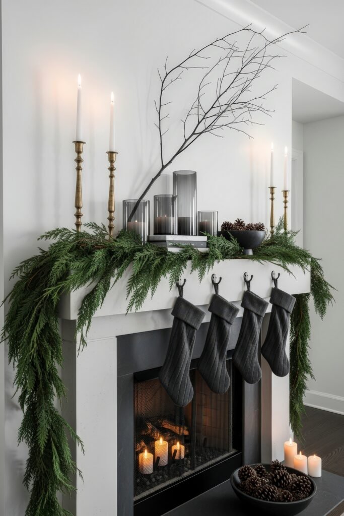 Minimalist black and green christmas mantle decor with tall candlesticks, smoky glass lanterns, a bare branch, pinecones, and four dark stockings.