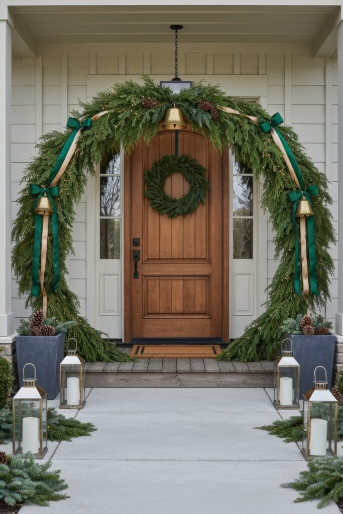 Cozy Entry Magic for christmas porch décor 16 Natural wood door framed with a lush evergreen garland tied with green and gold ribbons, bells, pinecones, and lanterns, creating a classic christmas porch décor.