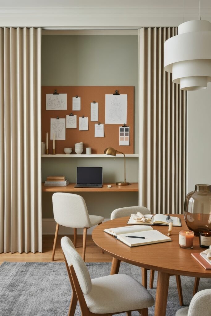 Design-Forward Ways to Style a Dining Room Office Combo 17 Dining room office combo with a wooden round table, soft beige chairs, and a curtained nook containing a workspace with corkboard inspiration wall.