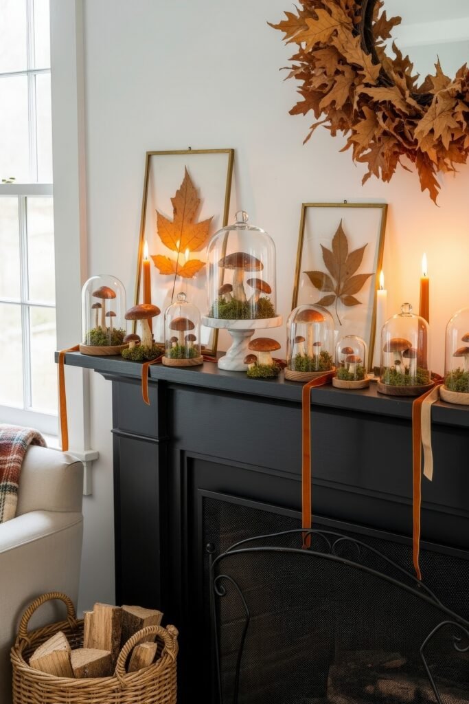 Modern, Cozy Ideas for Fall Thanksgiving Décor 17 A black mantel decorated with framed leaves, cloches holding mushrooms with moss, and glowing candles for woodland-inspired Thanksgiving décor.