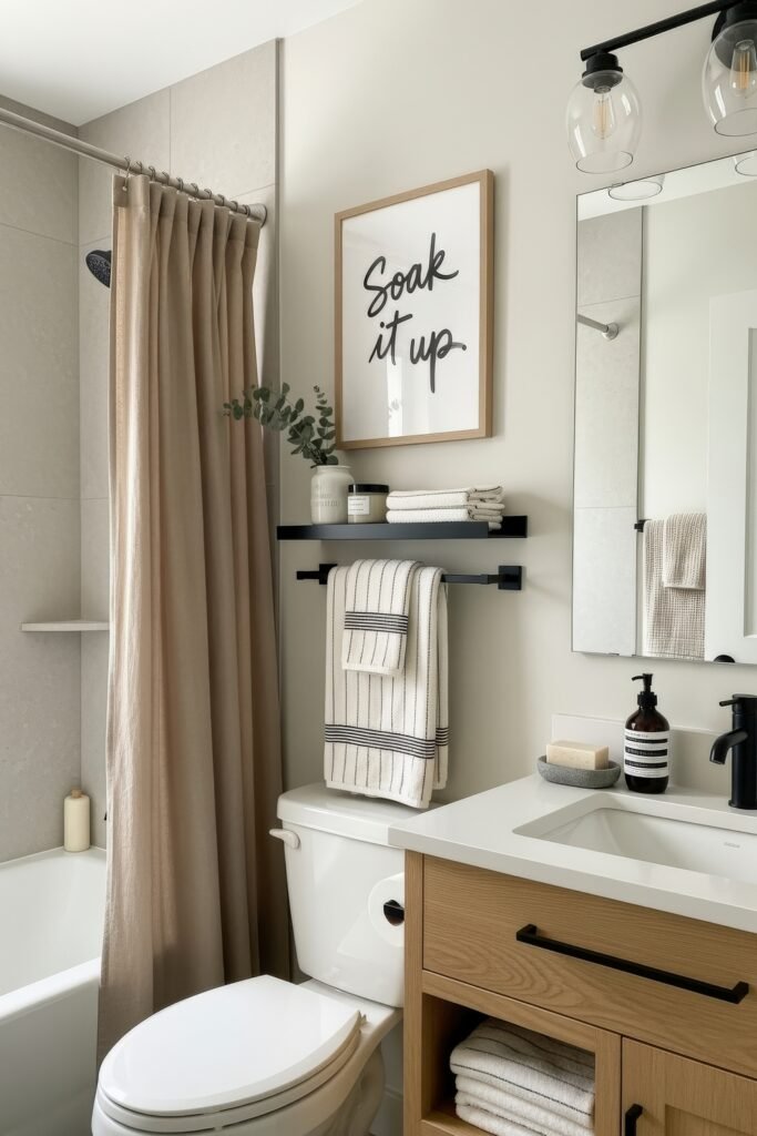 Small Changes, Big Smiles with funny bathroom decor 20 Minimal bathroom decor with natural wood vanity, striped towels, and a framed “soak it up” print for a simple yet playful bathroom decor style.