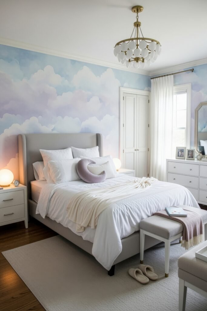 Fresh girls bedroom ideas for a stylish, cozy escape 18 Dreamy cloud-themed bedroom with a sky mural, gray upholstered bed, and soft neutral bedding with a lavender crescent pillow.