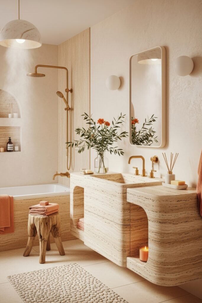 Bathroom Decor Inspo: Fresh Ideas for gold bathroom decor 17 Neutral bathroom with travertine vanity, matching tub surround, gold fixtures, warm lighting, and fresh flowers adding color.
